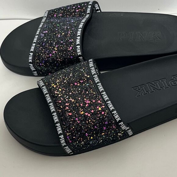 Victoria's Secret PINK Women's Black Purple Glitter Bling Slide Sandal Size 7-8 - Picture 4 of 8